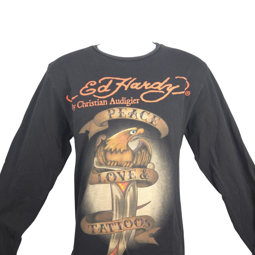 Ed Hardy Christian Audigier Mens Black Long‎ Sleeve Eagle Dagger Tattoo Shirt L